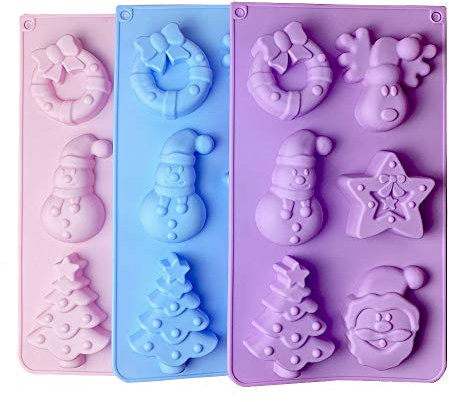 Molde de silicona navideño, paquete de 3 moldes navideños de silicona, formas de Papá Noel, reno, muñeco de nieve, árbol de Navidad, estrellas, campanas, latas
