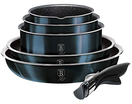 Belinger Haus 12 Pcs Colorful Space Saving Cookware Frying Pan Sauce Pan Casserole Pot Set Induction Lid Handles (Aquamarine)