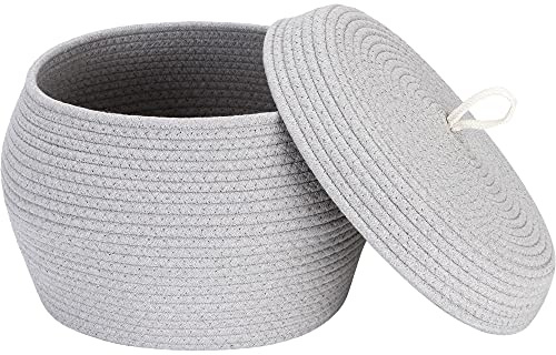 Sea Team Round Cotton Rope Storage Basket with Lid, Decorative Woven Storage Bin, Pot, Caddy, Organizer, Container for Snacks, Towels, Plants, 13 x 9 Inches (Large, Grey)