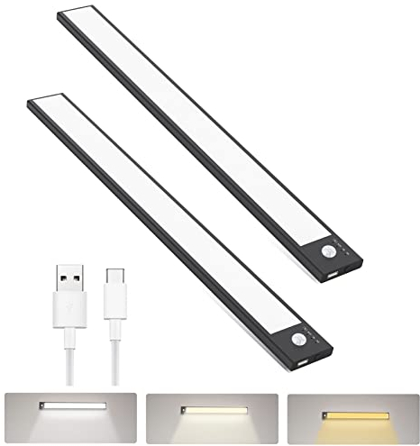 NOVTEKE Unterbauleuchte Küche LED, Dimmbar Schrankbeleuchtung mit Bewegungsmelder 3 Farbmodi Dimmbar, 2500mAh Aufladbar Led Lichtleiste für Küche, Theke, RV, Treppe, Badezimmer (68LED-BK, 2PCS)