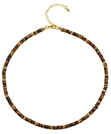 COAI Geschenkideen Damen Heishi Surfer Halskette Boho Bohemian Choker aus Tigerauge 18k Vergoldete Kette