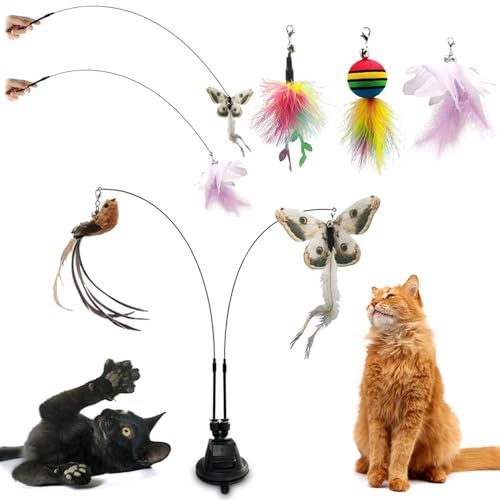 ZDQC Katzen Glocken Zauberstab,Katzenangel Saugnapf,Katzenangel mit Federn und Glöckchen,Katzen Glocken Zauberstab,Interaktives Katzenspielzeug Federn (Schmetterling + Vogel)