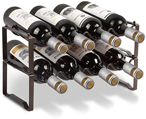 Scaffale per bottiglie di vino in metallo, impilabile, per 8 bottiglie per cantina, bar e magazzino, stabile e modulare espandibile (2 piani)