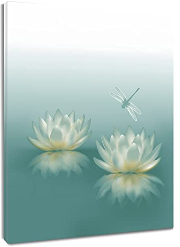 HVEST Libelle mit Seerosen, Blumen, Leinwand, Zen, Spa-Bild, gedrucktes Kunstwerk für Wohnzimmer, Schlafzimmer, Badezimmer, Wanddekoration, gespannt und gerahmt, fertig zum Aufhängen, 40,6 x 61 cm