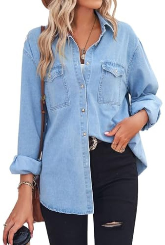 chouyatou Women's Spring Long Sleeve Denim Jean Shirts Button Down Shirt Business Casual Tops (Medium, Blue)