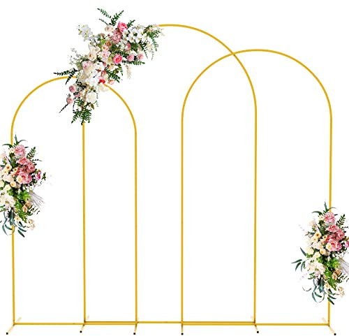 Wokceer Wedding Arch Backdrop Stand 8FT, 7.2FT, 6.6FT Set of 3 Gold Metal Arch Backdrop Stand for Wedding Ceremony Baby Shower Birthday Party Garden Floral Balloon Arch Decoration