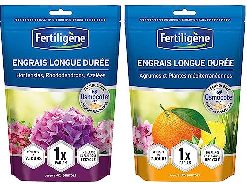FERTILIGENE Engrais Longue durée Osmocote Max Hortensias, Rhododendrons, Azalées 700g & Engrais Longue durée Osmocote Max Agrumes et Plantes méditerranéennes 700g