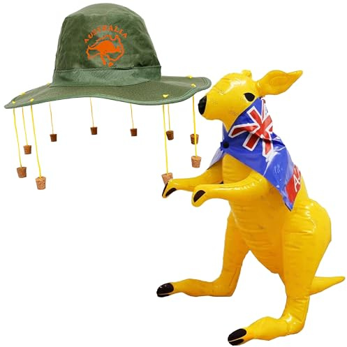 Australia Fancy Dress Set - Australian Flag Cape, Australian Cork Hat with Orange Kangaroo Print and Yellow Inflatable Kangaroo - Australia Day Fancy Dress Costume Accessory Set