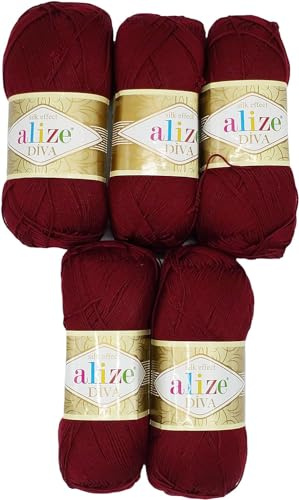 5 x 100 Gramm Strickgarn Ilkadim Export Diva einfarbig, 500 Gramm merzerisierte Strickwolle microfiber-Acryl (bordeaux 57)
