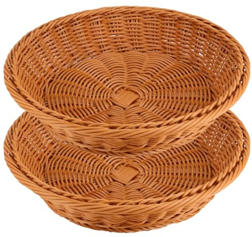 RT&BS 2-pack poly-Wicker rund brödkorg, robust och stapelbar, miljövänliga, handvävda förvaringskorgar, runda för grönsaker, frukt, mellanmål i kök, restaurang, utomhus, fest (brun, L)