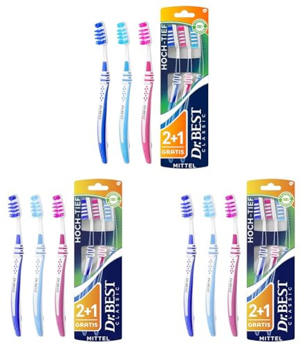 Dr.BEST Hoch-Tief Zahnbürste, Mittel, Vorteilspack(2+1Stück Gratis)Die kürzeren Borstenreihen reinigen die Zahnoberfläche, die längeren sind speziell für die Reinigung der Zahnzwischenräume konzipiert