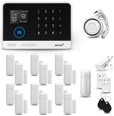 HUXGO® HXA003 Funk Alarmanlage Set WiFi + GSM mit Sirene | Alarm System mit Bewegungsmelder, 12x Tür- Fenstersensor, Fernbedienung | Smart Home Security