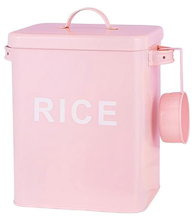 siduytin Metal Canister Rice Buckets Grain Tin Case Lid Scoop Moisture-Proof Insect-Proof Pet Dog Food Airtight for Kitchen, Pink, S