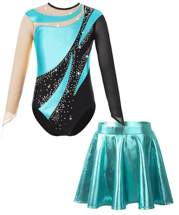 Miaeowve Akrobatik Anzug Mädchen Mit Rock Kinder Metallic Tanzkleidung Langarm Strass Glitzer Sportbody Patchwork Trikot Mit Cut Out Wettbewerb Tanzkostüm