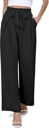 BEIGAI dambyxor casual lätt stretch hög midja byxor eleganta enfärgade breda ben byxor med fickor, svart, M