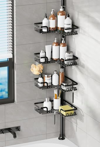 KEGII Duschablage ohne Bohren - Teleskop Duschregal Ecke 4 Stück, Schwarz | Teleskopregal Eckregal, für Bad und Badewanne, Einfache Montage, Höhenverstellbar 63,5-290 cm, Mit Haken