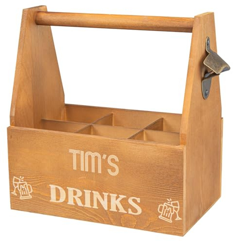 Personalised Wooden Drinks Caddy with Built-in Bottle Opener – Custom Gift for Beer & Beverage Lovers