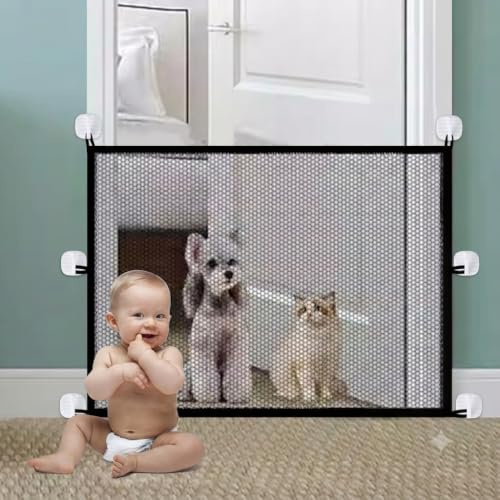 110x72cm Pet Mesh Gate,No Drilling Portable Stair Fence,Black Safety Guard Isolation Net,Stair Barrier with Power Hook,Cat Barrier for Hallway Indoor Playrooms(Suitable for small to medium-sized pets)