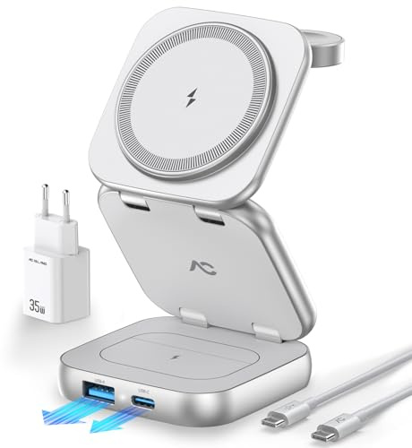 AC Island 5 in 1 Wireless Charging Station, Foldable Mag-Safe Charger Stand, Travel Wireless Charger for iPhone 17/16/15/14/13/12 Series, Apple Watch S11-1/Ultra, for Airpods Pro 3 - (Silver)