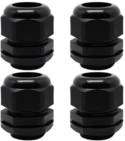 Sydien 4Pcs 1 NPT Nylon Cable Gland, Waterproof Cable Pass Through, Cables Gland Waterproof, IP68 Adjustable Lock Nut Strain Relief Cord Grip Joints Nylon with Gaskets (Black)