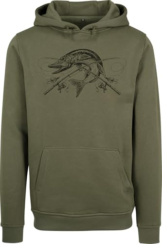 Baddery Angler Geschenke für Männer - Pullover : The Reel Catch : Hecht - Kapuzenpullover für Herren - Angelkleidung Angel Zubehör (Oliv XL)