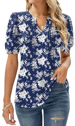 EFFAN Blus damer kortärmade t-shirts V-ringade blommor veckad tunika sommartoppar lös ledig långtröja .., Marinblått blommönster, M
