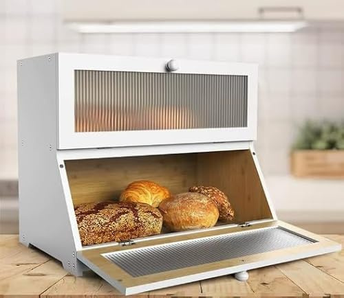 OHMG Boîte à pain en bambou, Bois Grande Capacité Boîte Boîte de rangement, Pour pain, pain grillé, Huche a Pain pour Cuisine Countertop Double Couche Empilable