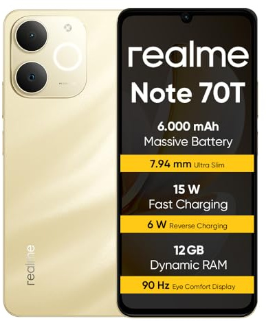 realme Note 70T Smartphone 4+256 GB, Batteria da 6.000 mAh, Ricarica rapida da 15 W con carica inversa da 6 W, 24 GB di RAM dinamica, Display con comfort visivo da 90 Hz, Oro TT