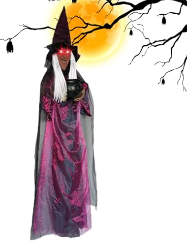 Decoración de brujas de Halloween para el jardín y el aire libre - Bruja luminosa con ojos gritando para exteriores, figura de 180 cm con caldero de bruja para casa de miedo, jardín, césped, techo