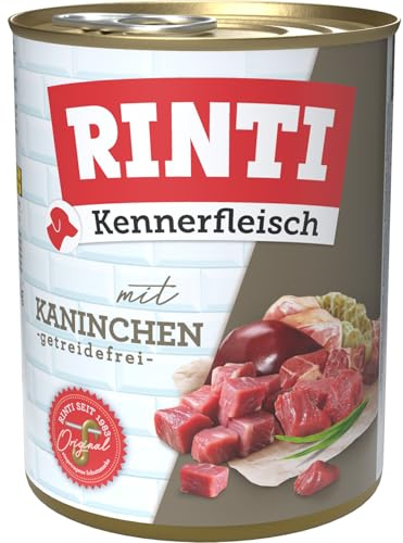 RINTI – finsmakare kött | våt mat med 70% kött för vuxna hundar. Spannmålsfritt helfoder i burk utan soja, färgämnen och konserveringsmedel | 12 x 800 g kanin