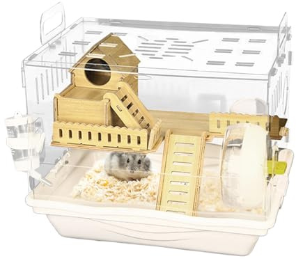 ETUCYNG Kit de jaula acrílica para hámster con bandeja de 2 pisos, 37 x 30 x 28 cm, transparente, hábitat, villa de hámster de lujo con bandeja para hámsters enanos sirios, incluye accesorios rueda de