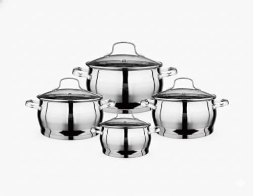 Batería de Cocina 4 Piezas, OTA Acero Inoxidable Tapas de Cristal, juego de ollas Compatible con Inducción, Apto para Horno y Lavavajillas,