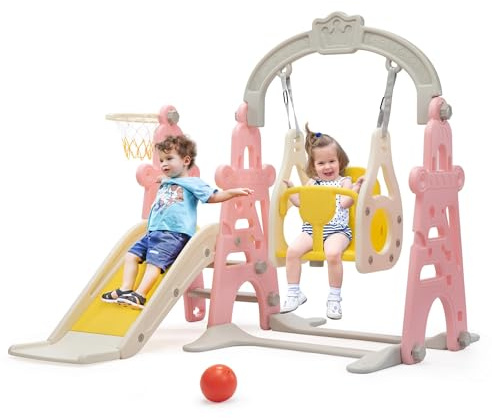 3 in 1 Toddler Slide for Boys Girls Age 1-3, Baby Slide Plastic Climber Playset with Basketball Hoop and Ball, Indoor Slide and Outdoor Playground Slide for Kids (Iron Tower Pink Swing)