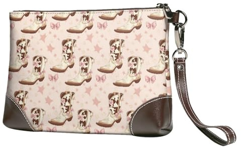 GVYGVY Petit sac à main pour femme – Bottes de cowboy de vache imprimé rose avec dragonne en cuir