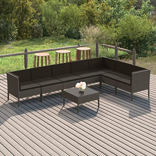 JHQHSM 8-TLG. Garten-Lounge-Set mit Auflagen Poly Rattan Grau, Wetterfestes PE-Rattan und Pulverbeschichtetes Stahlgestell für Stabilität, Bequeme Polsterung mit Abnehmbaren