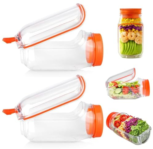 KBIBCK Salad Pod, 1L Salad Pod Jar Side Open, Leak Proof Vertical Layering SaladPod Built-In Bowl Design, Sauce Dressing Case, Portable SaladContainer for Lunch Home Outdoor Travel & Party (2, Orange)