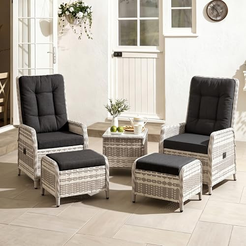 RTDTD 5-teiliges Rattan-Gartenmöbel-Set, Terrassen-Gesprächsset mit 2 Stühlen, 2 Fußhockern und 1 Tisch, verstellbaren Rückenlehnen und weichen Kissen, für Terrassen, Gärten und Innenhöfe, schwarz