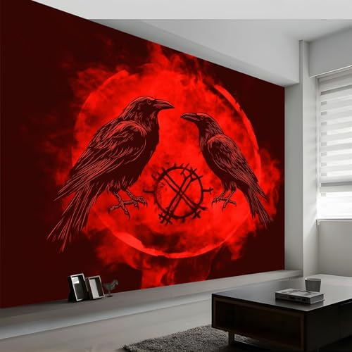 Papel Pintado Murales 250 x 175 cm Runas Vikingas De Cuervo De Fantasía Fotomurales Tejido No Tejido, Murales Fotográfico Moderno Decoración de Paredes para sala, Rojo