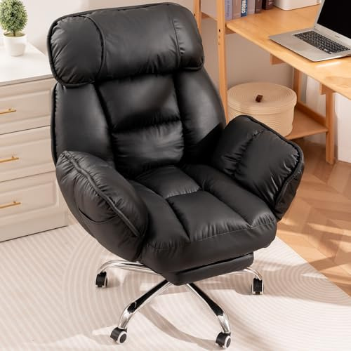 Bürostuhl Ergonomisch mit Fußstütze, Komfort im Sofa-Stil, Weiche Armlehnen | Strapazierfähiges Kunstleder, Rückenlehne mit 5 Positionen, Höhenverstellbar，Gaming Stuhl mit Rollen, Chefsessel Schwarz