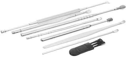 SOLUSTRE 1set Strumenti per Pulizia Orecchie in Acciaio Inox Cucchiaio Auricolare Rotante con Manico Antiscivolo Kit Professionale per Rimozione Cerume con Spazzola e Custodia in Plastica