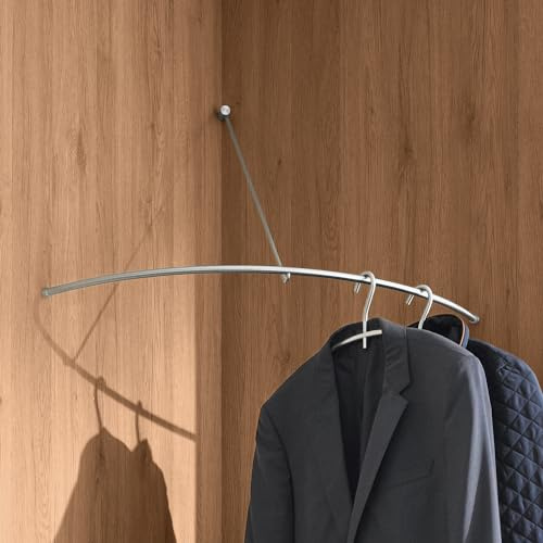 Eckgarderobe, 52 x 52 cm, hochwertig, Edelstahl matt geschliffen, verdeckte Wandbefestigung, 1/4 Kreis Kleiderstange, Garderobenstange gebogen, Metall rostfrei, Wandgarderobe - PHOS Design