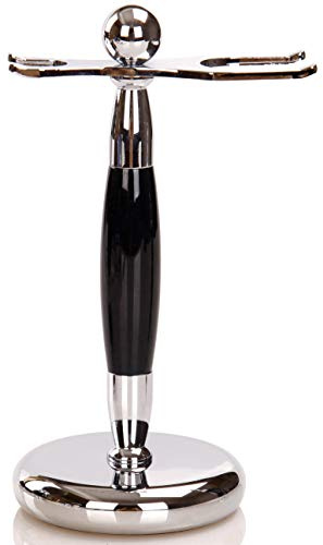 Deluxe Stainless Steel Shaving Brush Stand Holder for Razor & Brush Weighted Base Black Handle