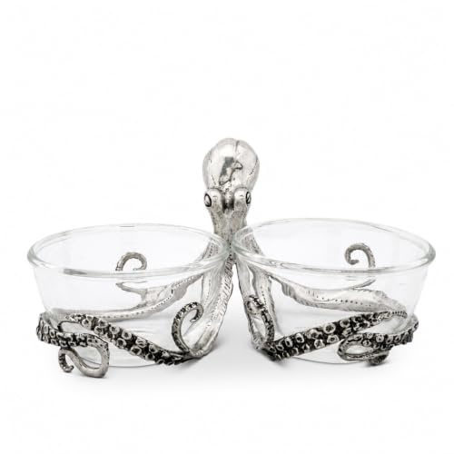 Vagabond House Pewter Octopus with Twin Glass Snack/Nut/Food Bowls 10 inch Long