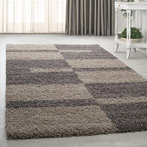 HomebyHome Hochflor Teppich 160 x 230 cm Taupe-Beige Weicher Shaggy Flokati im Karierten Design Vielseitiger Wohnteppich für Schlafzimmer, Wohnzimmer oder Essbereich Pflegeleicht