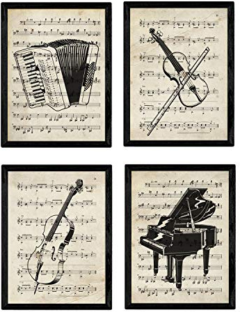Set von 4 Poster Instrumente mit Noten. Klavier, Geige, Cello, Akkordeon. A4-Format. mit Rahmen