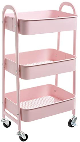 DOEWORKS Rollwagen Metall Servierwagen mit Rollen 3 Etagen Küchenwagen Bastelwagen Rollwagen Küche Aufbewahrungswagen für Wohnzimmer Schlafzimmer Badezimmer Büro, Rosa