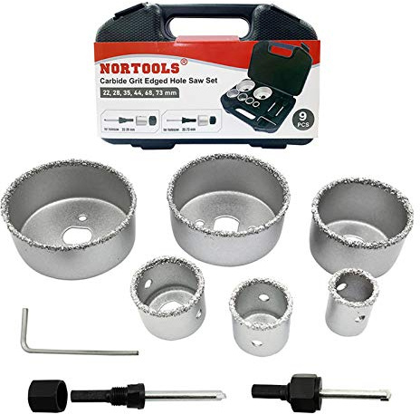 NORTOOLS Ensemble de scies cloches diamantées – Lot de 9 pièces, forets ouvreurs à bords en grains de carbure pour perçage de carreaux et pierre, céramique, granit avec forets pilotes (22-73 mm)