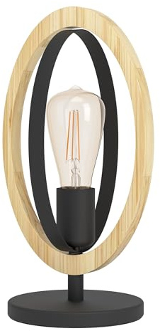 EGLO Tischlampe Basildon, 1 flammige Tischleuchte Vintage, Industrial | Retro, Nachttischlampe aus Stahl und Holz, Wohnzimmerlampe Natur, Lampe mit Schalter, E27 Fassung Schwarz, Braun