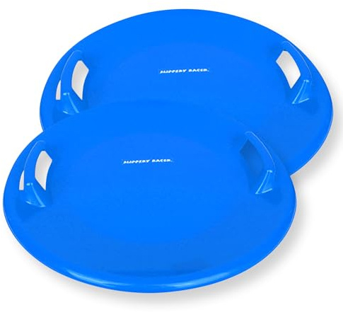 Slippery Racer Heavy-Duty Cold Resistant Downhill Pro Adults and Kids Plastic Outdoor Winter Saucer Disc Snow Sled with Handles-2 Pack (Blue 2 Pack)