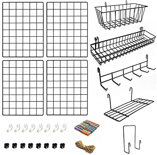 ODOXIA 4er-Pack Wandgitter mit Zubehör | Inklusive Hänge-Körbe, Brief-Sortierer, Regal & Haken-Gestell | Gitter Pinnwand | Deko für Heim, Büro & Küche zum Aufhängen | Fotowand | Wand-Display